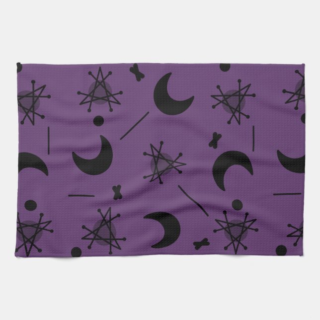 Moons & Stars Atomic Era Abstract Eggplant Purple Tea Towel (Horizontal)