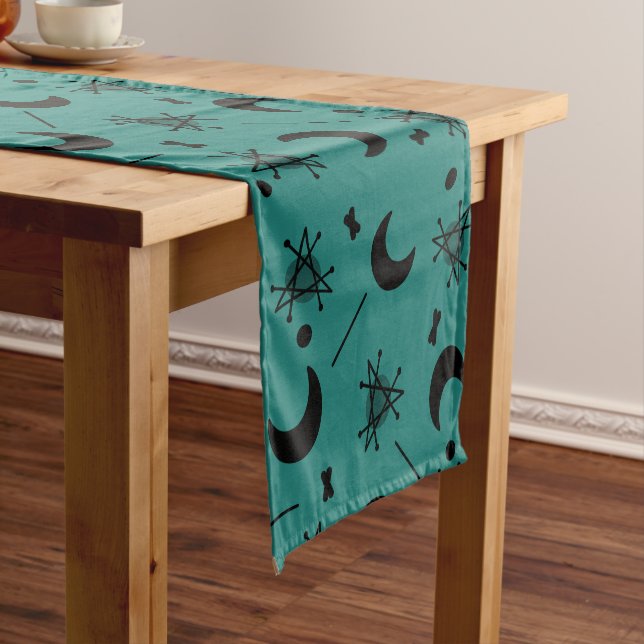 Moons & Stars Atomic Era Abstract Teal Short Table Runner (In Situ)