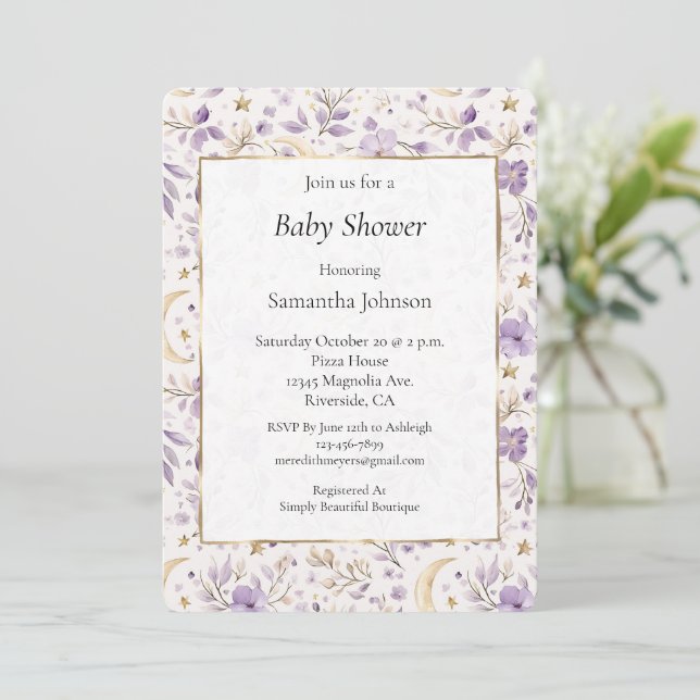 Moons Stars & Purple Flowers Baby Shower Invitation (Standing Front)
