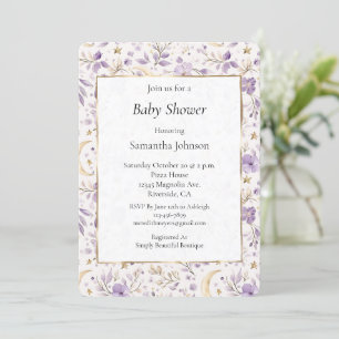 Moons Stars & Purple Flowers Baby Shower Invitation