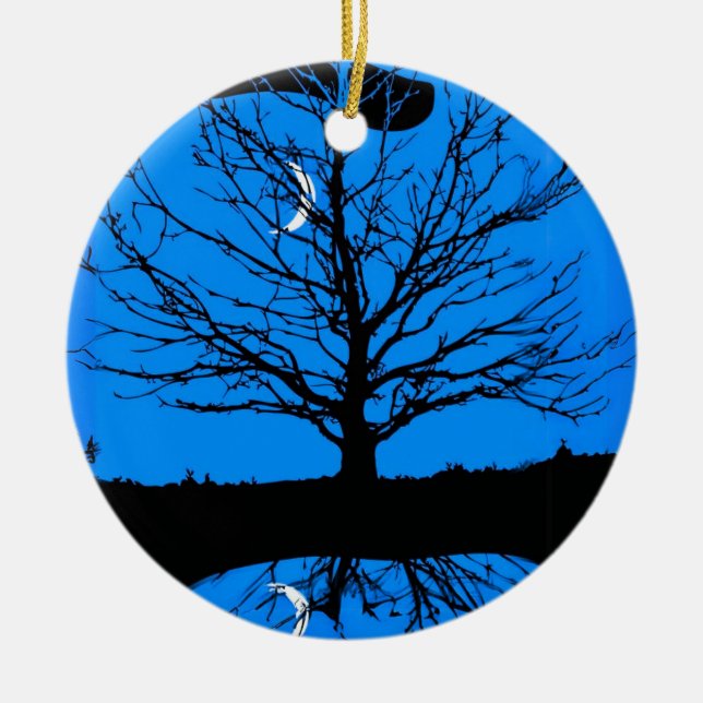 Moonscape in Cobalt Blue and Black Ceramic Tree Decoration (Front)
