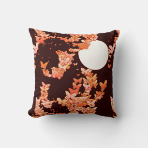 Moonscape with butterflies - coral, chocolate cushion