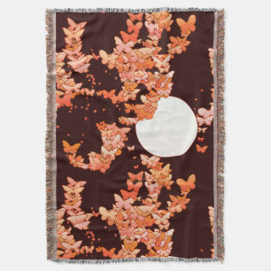 Moonscape with butterflies - coral, chocolate throw blanket
