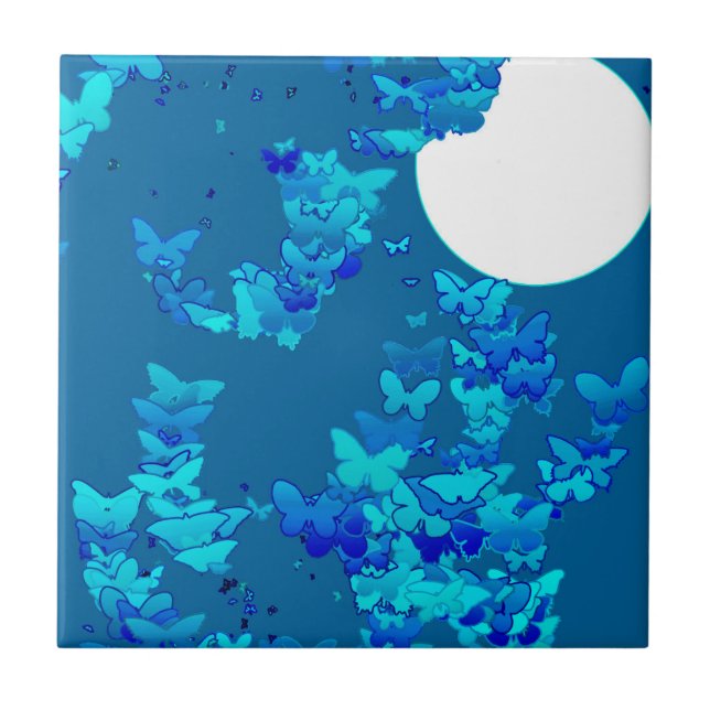 Moonscape with butterflies - deep blue tile (Front)