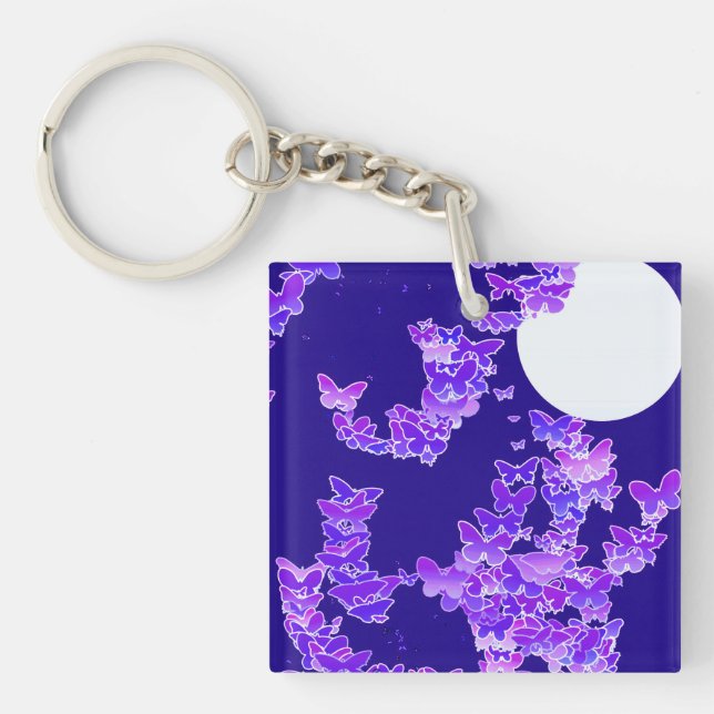 Moonscape with butterflies - lilac, dark blue key ring (Front)
