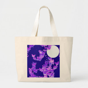 Moonscape with butterflies - lilac, dark blue large tote bag