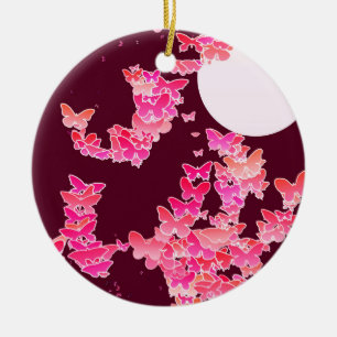 Moonscape with butterflies - pink, burgundy ceramic tree decoration