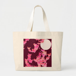 Moonscape with butterflies - pink, burgundy large tote bag