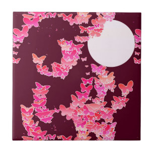 Moonscape with butterflies - pink, burgundy tile