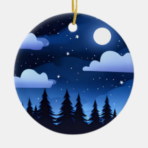 Moonscape with Stars & Pine Trees Ceramic Tree Decoration