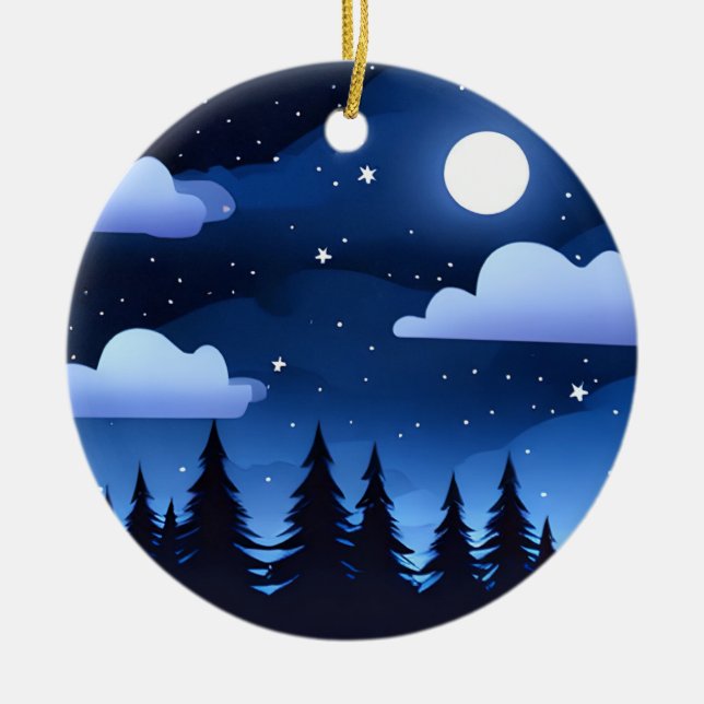 Moonscape with Stars & Pine Trees   Ceramic Tree Decoration (Front)