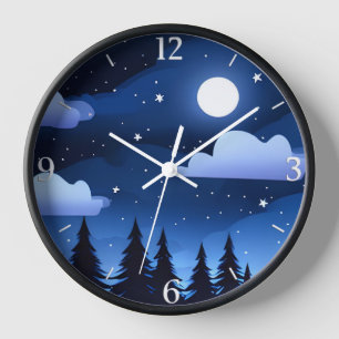 Moonscape with Stars & Pine Trees  Clock