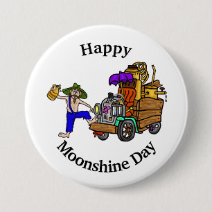 Moonshine Day Button with Hillbilly Truck and Man 