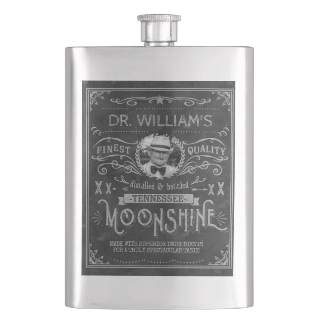 Moonshine Hillbilly Medicine Vintage Custom Grey Hip Flask (Front)
