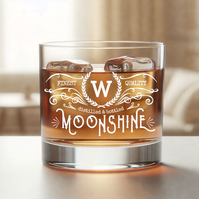 Moonshine Personalised Monogram Vintage Look White Whiskey Glass (Creator Uploaded)