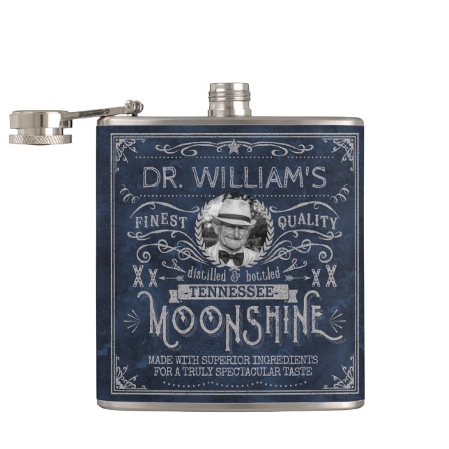 Moonshine Vintage Hillbilly Medicine Custom Blue Hip Flask (Opened)