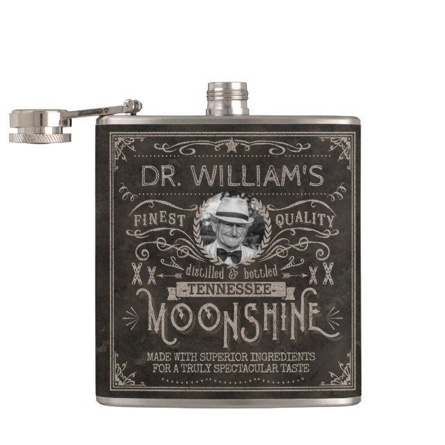 Moonshine Vintage Hillbilly Medicine Custom Brown Hip Flask (Opened)
