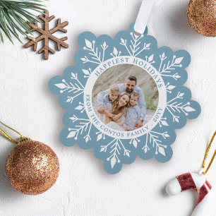 Moonstone Blue Snowflake Happy Holidays Photo Tree Decoration Card