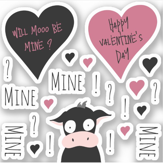 Mooo Mine Cute Fun Love + Valentines Sticker Set   (Front)