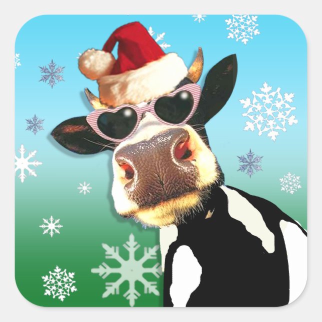 Moooootiful Christmas Cow Santa Hat Square Sticker (Front)