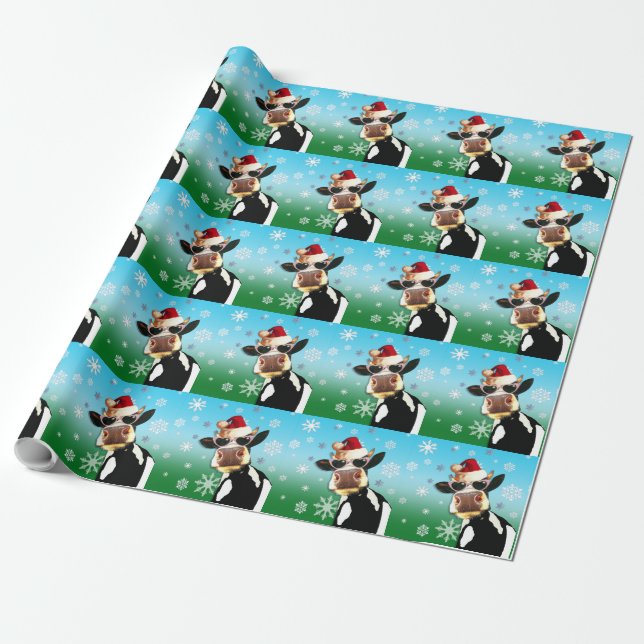 Moooootiful Christmas Cow Santa Hat Wrapping Paper (Unrolled)