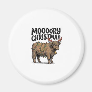 Moooory Christmas Highland Cow Vintage Engraving T Magnet