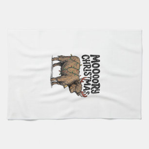 Moooory Christmas Highland Cow Vintage Engraving T Tea Towel