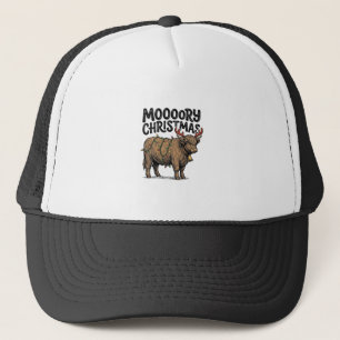 Moooory Christmas Highland Cow Vintage Engraving T Trucker Hat