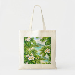 Moorea Tropical Lagoon Palm & Plumeria Botanical Tote Bag