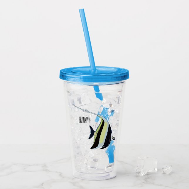 Moorish idol fish cartoon illustration acrylic tumbler (Front Ice)