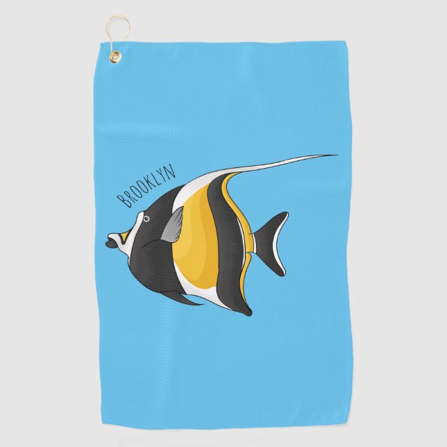 Moorish idol fish cartoon illustration golf towel (Front)