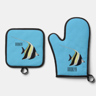 Moorish idol fish cartoon illustration oven mitt & pot holder set