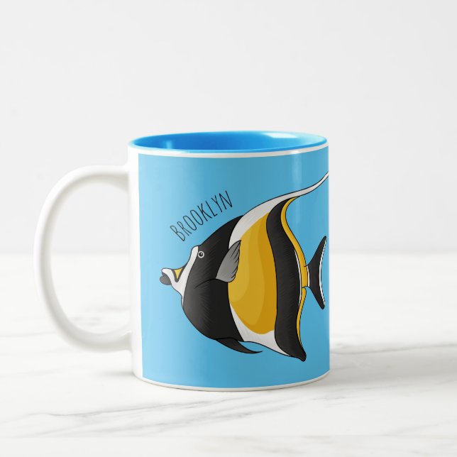 Moorish idol fish cartoon illustration  Two-Tone coffee mug (Left)