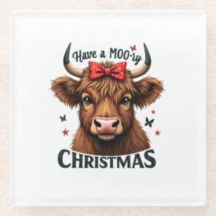 Moory Christmas Cute Cow Wearing Santa Glass Coaster