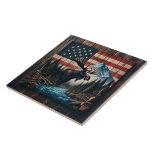 Moose Against American Flag and Mountain Landscape Tile
