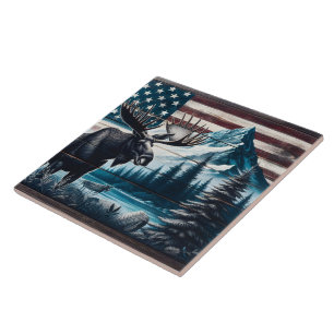 Moose Against Mountain and Flag Background Tile