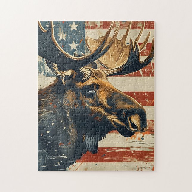 Moose American Flag Vintage Jigsaw Puzzle (Vertical)