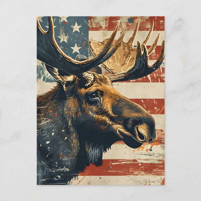 Moose American Flag Vintage Postcard (Front)