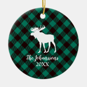 Moose and Buffalo Green Plaid Pattern Christmas Ceramic Tree Decoration