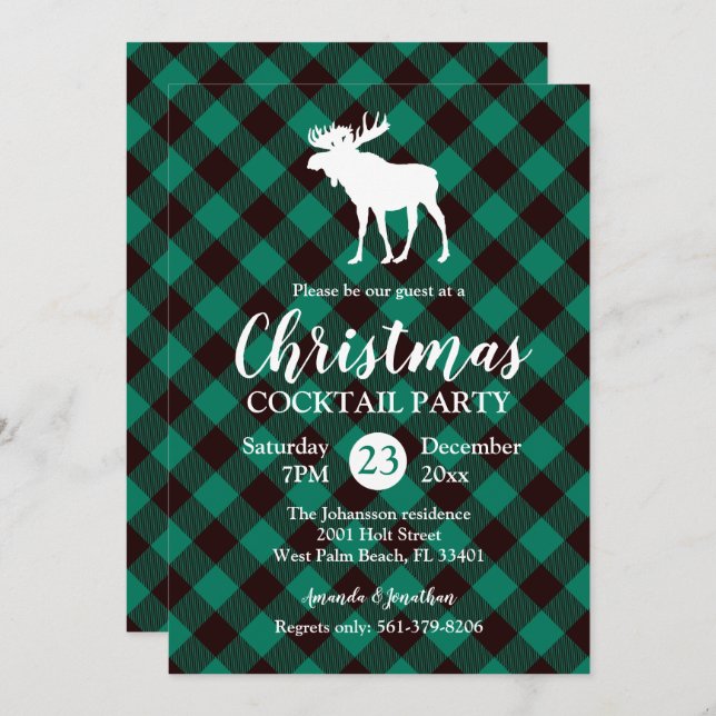 Moose and Buffalo Green Plaid Pattern Christmas Invitation (Front/Back)