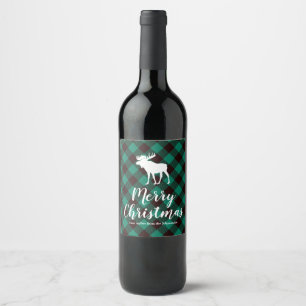 Moose and Buffalo Green Plaid Pattern Christmas Wine Label