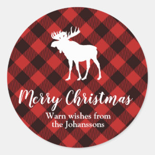 Moose and Buffalo Red and Black Plaid Christmas Classic Round Sticker