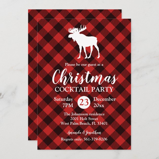 Moose and Buffalo Red and Black Plaid Christmas Invitation (Front/Back)