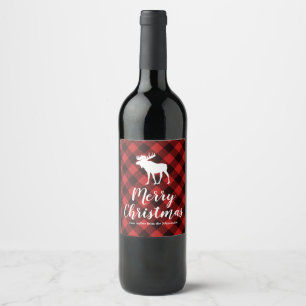 Moose and Buffalo Red and Black Plaid Christmas Wine Label