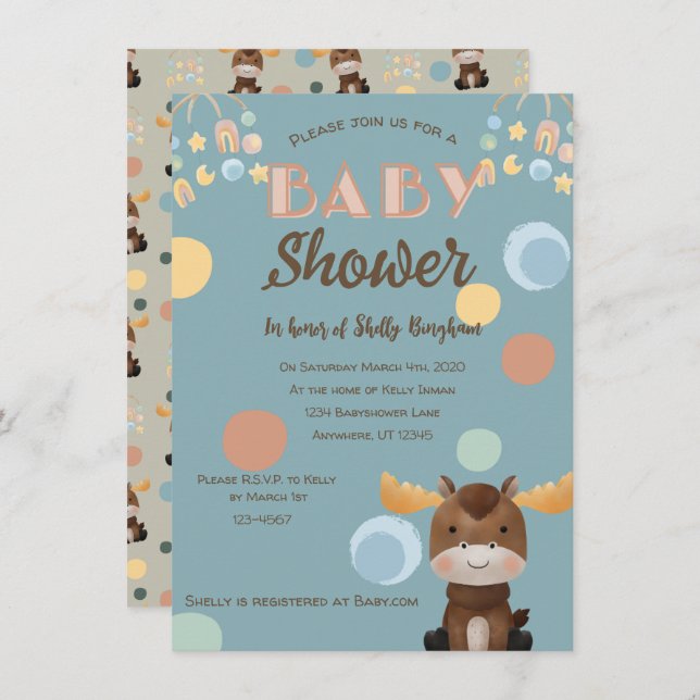 Moose and Mobile baby shower invitations (Front/Back)