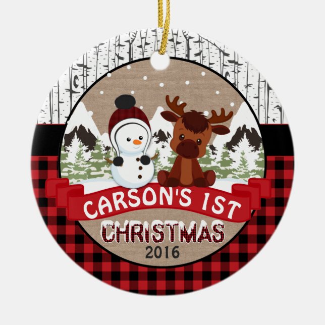 Moose and Snowman Child 1st Christmas Personalised Ceramic Tree Decoration (Front)