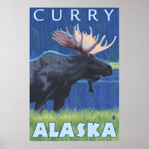 Moose at Night - Curry, Alaska Poster