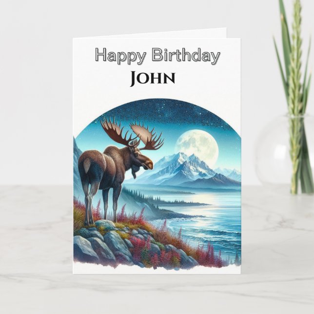 Moose at Night Personalised Nature Birthday  Card (Front)