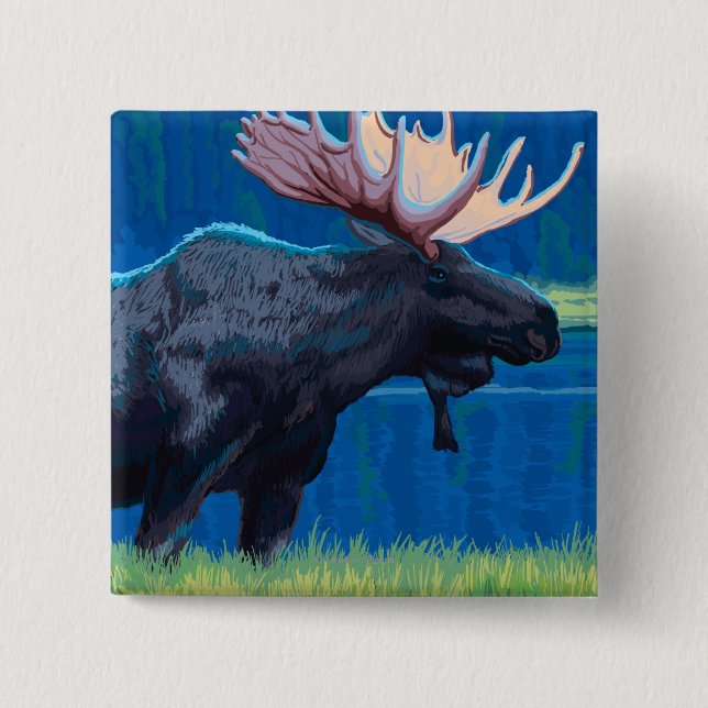 Moose at Night - West Yellowstone, Montana 15 Cm Square Badge (Front)