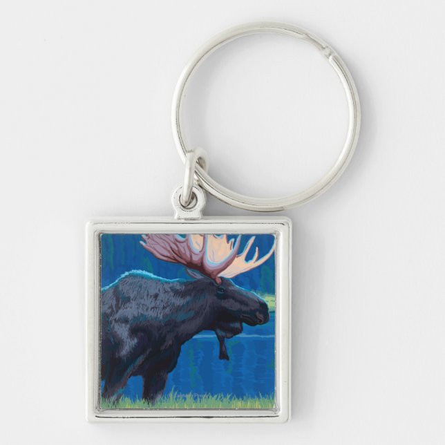 Moose at Night - West Yellowstone, Montana Key Ring (Front)
